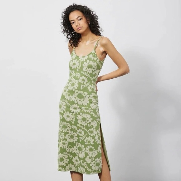 Damson Madder Dresses & Skirts - Damson Madder Green Daisy Midi Slip Dress Slit 90s Cottagecore Scandi